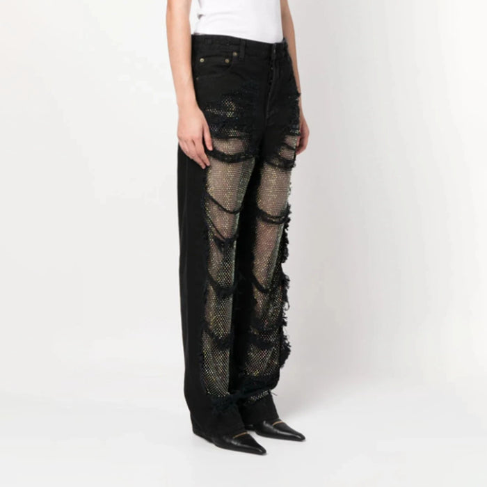 Fall Trendy Ripped Stitching Mesh Straight Leg Trousers High Waist Slimming Denim