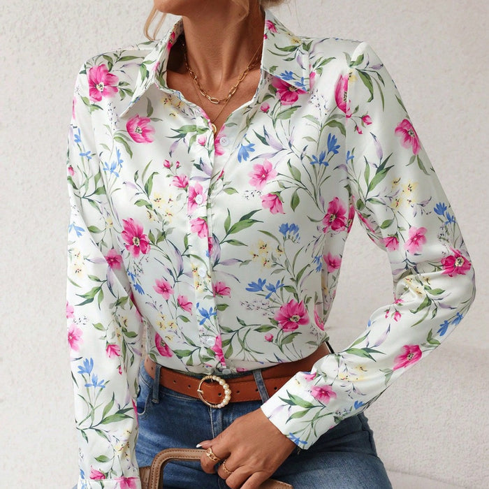 Spring Summer Holiday Floral Digital Printing Long Sleeved Shirt Women Clothing