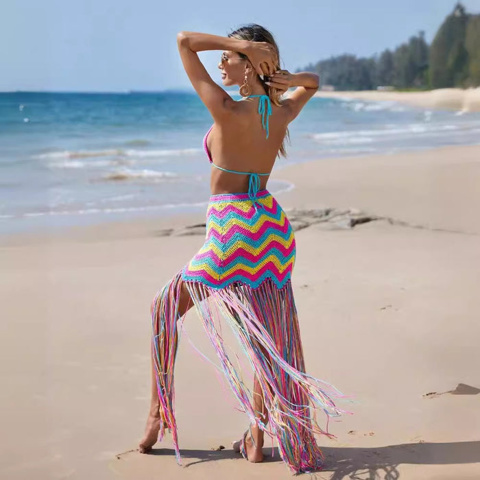 Women Clothing Sexy Hand Crocheted Wavy Tassel Beach Cover Up Skirt Set