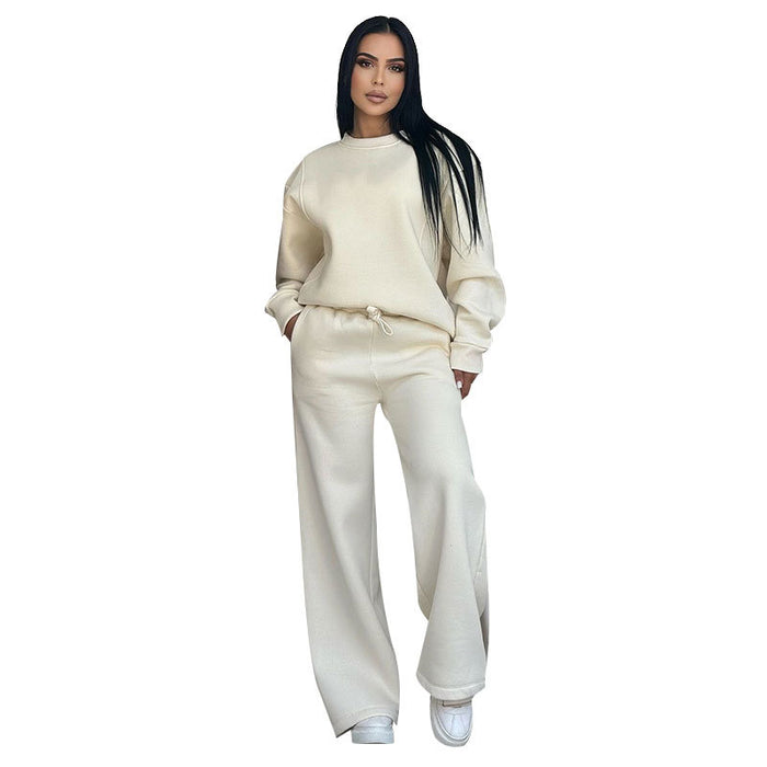 Autumn Winter Solid Color Round Neck Long Sleeve Loose Women Wear Casual Wide Leg Pants Suit