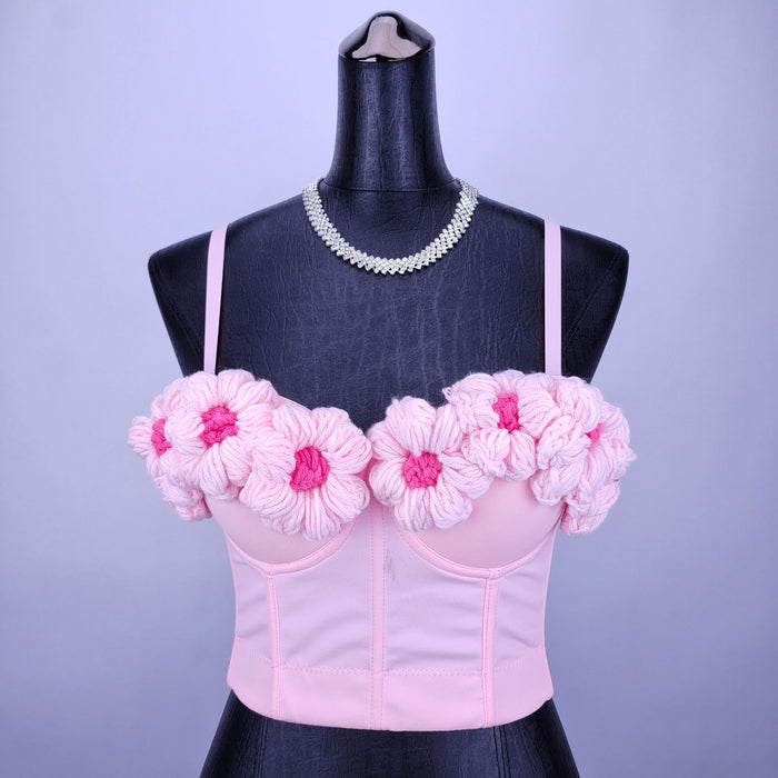 Pink Sweet Girl Knitted Outer Bra Crocheted Floral Inner Wear with Coaster Boning Corset Bra Bra Small Sling