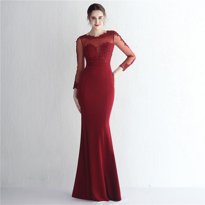 Satin Rhinestone Lace Overweight-Shaped Hand Bride Long Long Sleeve Appreciation Dinner Fishtail Evening Dress