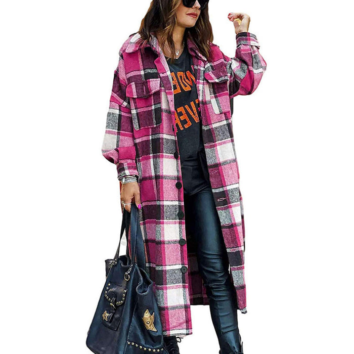 Women Clothing Popular Long Sleeve Loose Plaid Shirt Woolen Long