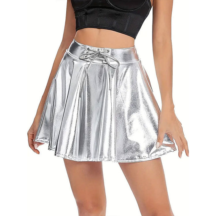 Women Clothing Summer Party Personality Silver Faux Leather Short Skirt Umbrella Skirt Sexy Elastic Bandage A Line