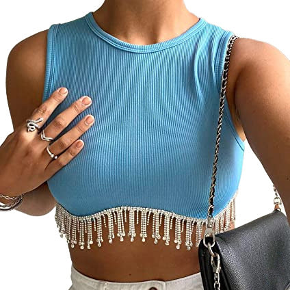 Summer Women Top T Shirt Small Sunken Stripe Irregular Asymmetric Tassel Camisole Top T Shirt