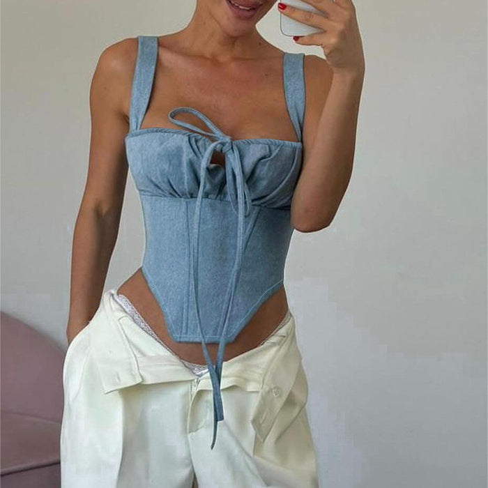 Street Sexy All Match Imitation Denim Spaghetti Strap Camisole Top Women