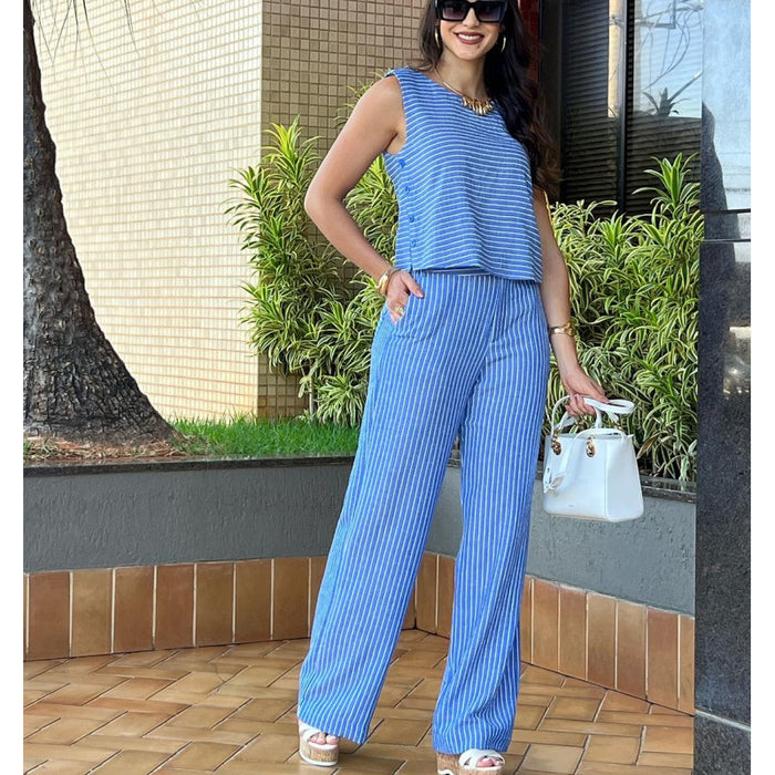 Blue Striped Sleeveless Top Baggy Straight Trousers Women Two Piece Set