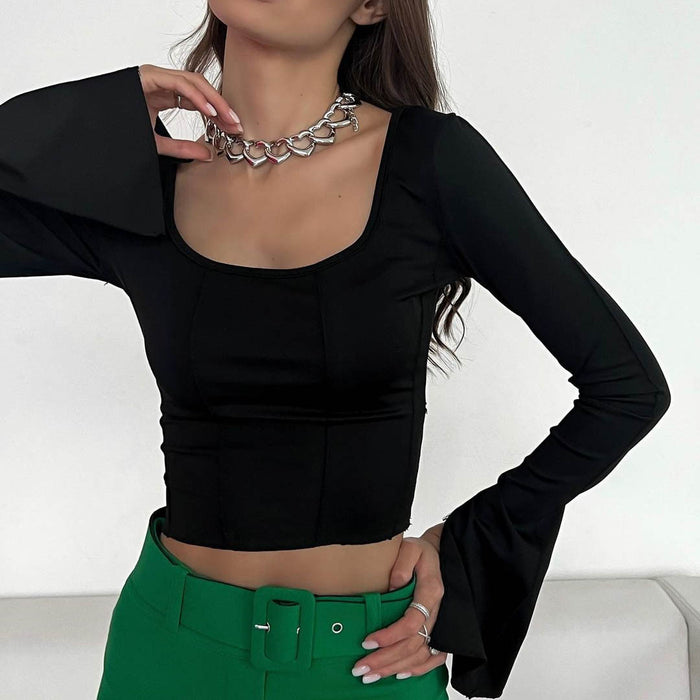 Flare Sleeve T Shirt Women U Collar Sexy Tight Short Top Solid Color Backless Lace Up Bottoming Shirt