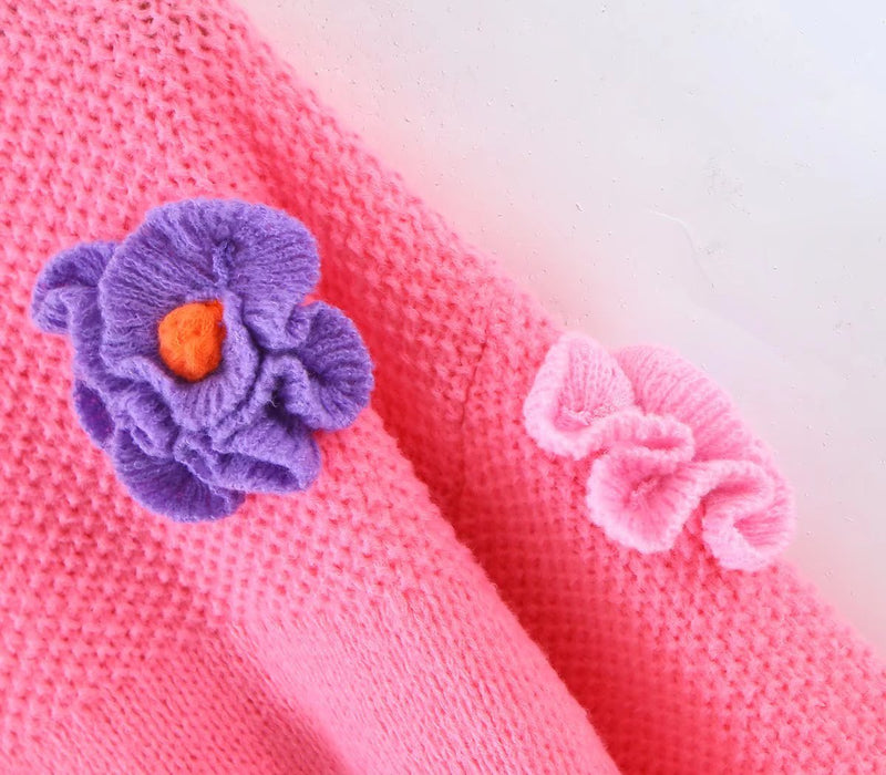 Handmade Three-Dimensional Sweet Cute Floral Crew Neck Pullover Sweater Women