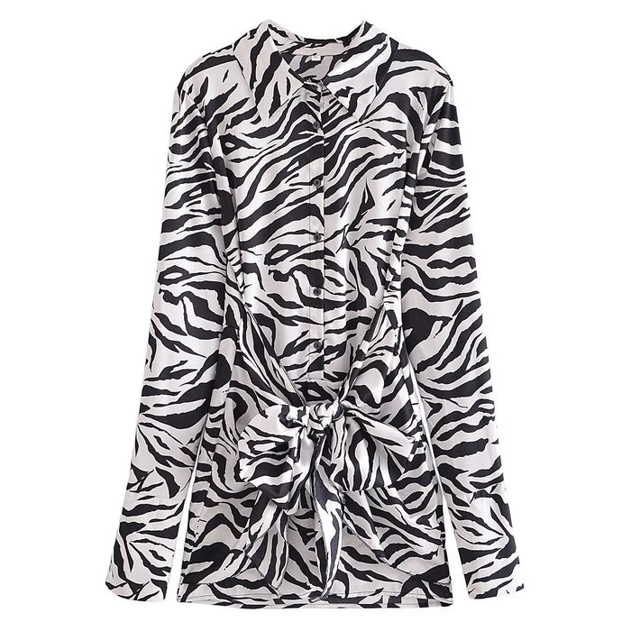 V neck Straight Slim Slimming Animal Print Short Long Sleeve Dress