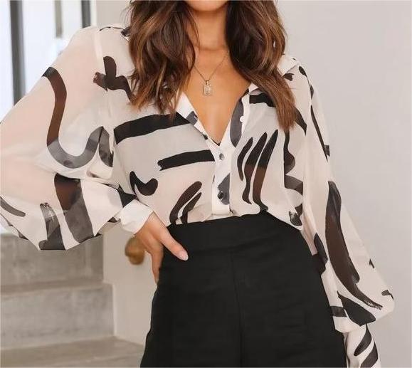 Young Graffiti Printing Shirt Women Spring Loose Plus Size Korean Long Sleeve Shirt