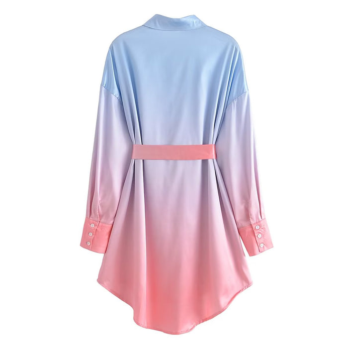 Spring New Polo Collared Loose Waistband Long Sleeve Shirt Gradient Dress