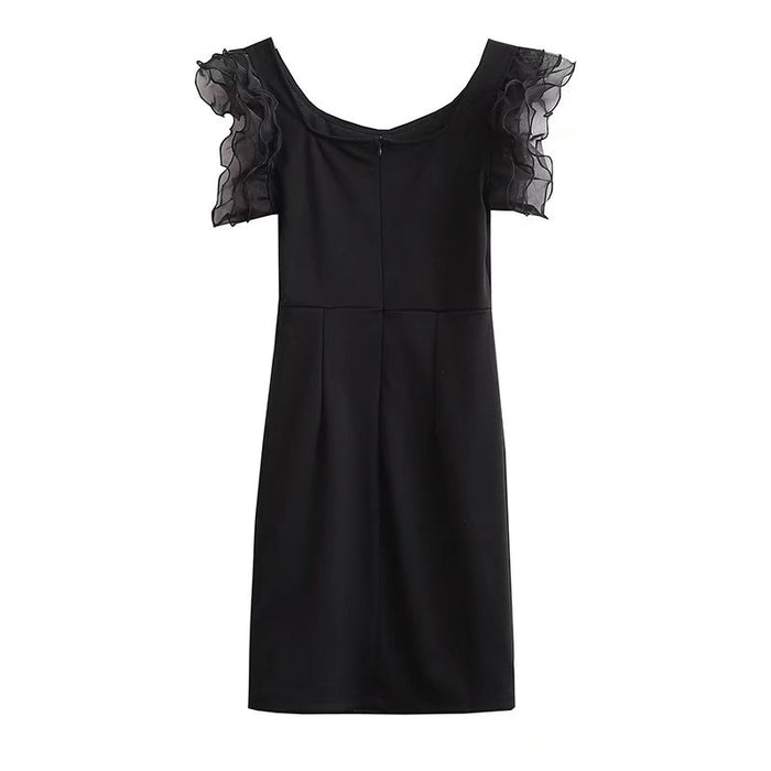 Summer Women Clothing French Slim Expose Clavicle High Waist Sheath Large Lace Stitching Dress