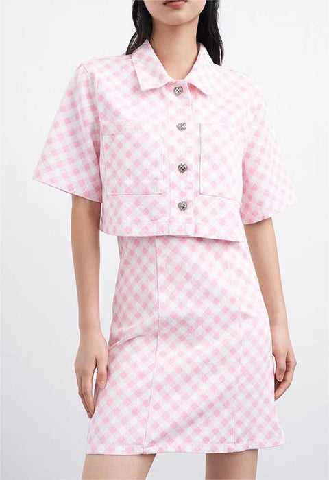 Women Clothing French Vintage Cut Short Plaid Love Short Sleeve Jacket Set