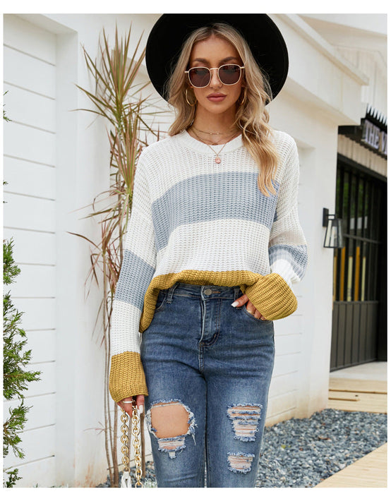 Loose Wear Autumn Winter Casual Pullover Sweater Striped Color Contrast Short Sweater