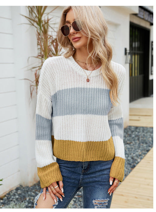 Loose Wear Autumn Winter Casual Pullover Sweater Striped Color Contrast Short Sweater