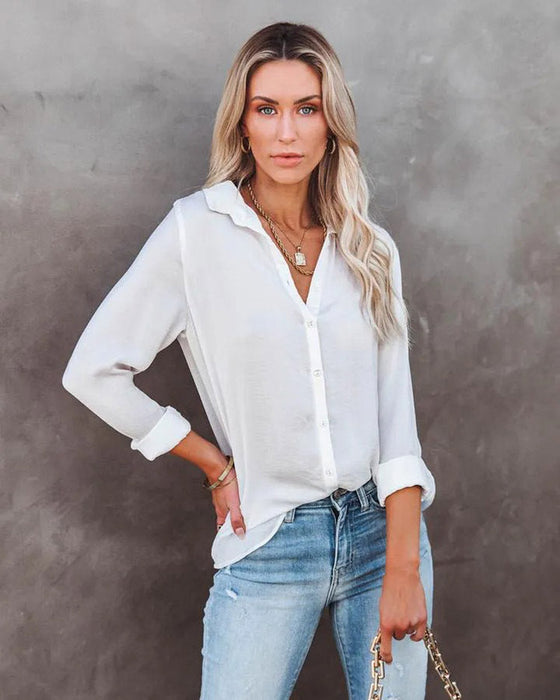 Women Clothing Autumn Winter Casual Loose Long Sleeve Buckle V neck Shirt Top