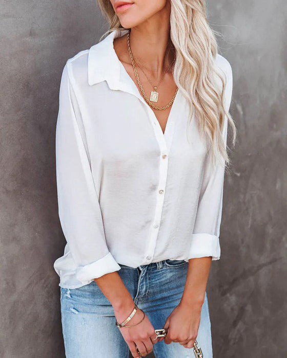 Women Clothing Autumn Winter Casual Loose Long Sleeve Buckle V neck Shirt Top