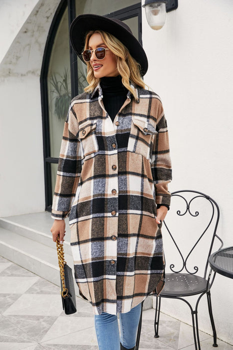 Women Clothing Popular Long Sleeve Loose Plaid Shirt Woolen Long