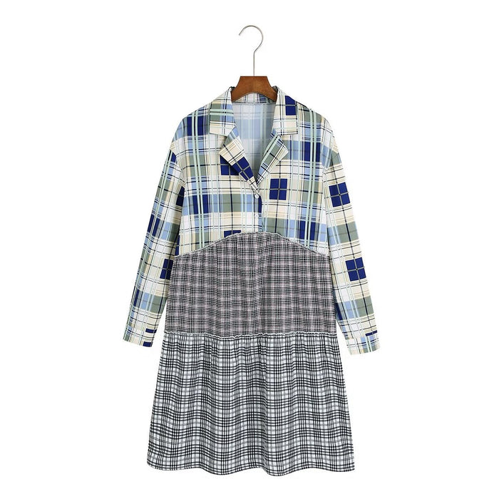 Autumn Women Clothing Long Sleeve Collared Printed Checks Dress