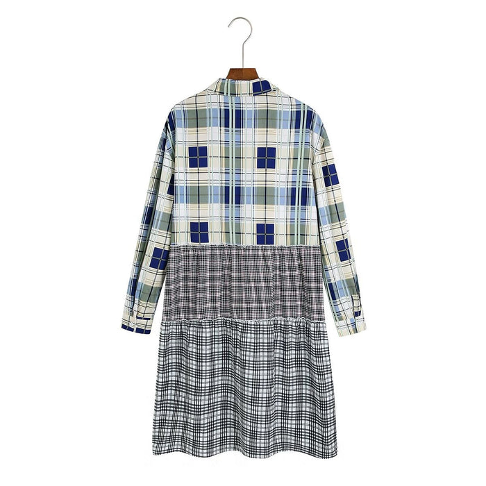 Autumn Women Clothing Long Sleeve Collared Printed Checks Dress