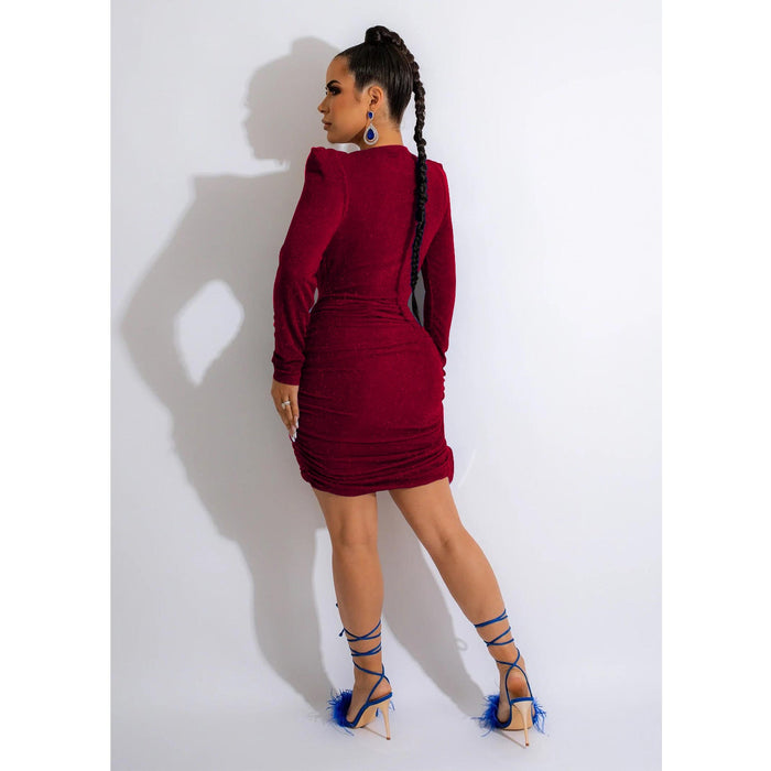 Women Wear V neck Shoulder Pad Long Sleeve Velvet Dress Women