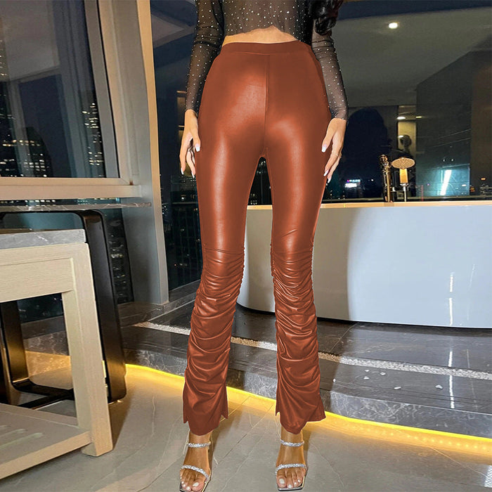 Women Sexy High Waist Tight Leather Stacked Pants