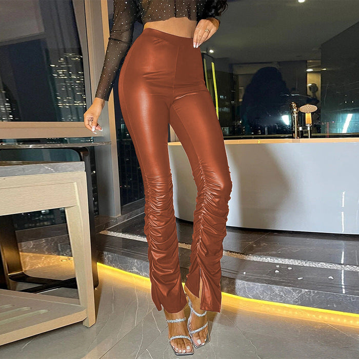 Women Sexy High Waist Tight Leather Stacked Pants