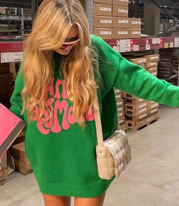 Pink Letter Jacquard Pullover Green Knitted Sweater