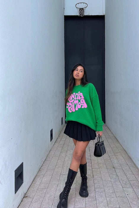 Pink Letter Jacquard Pullover Green Knitted Sweater