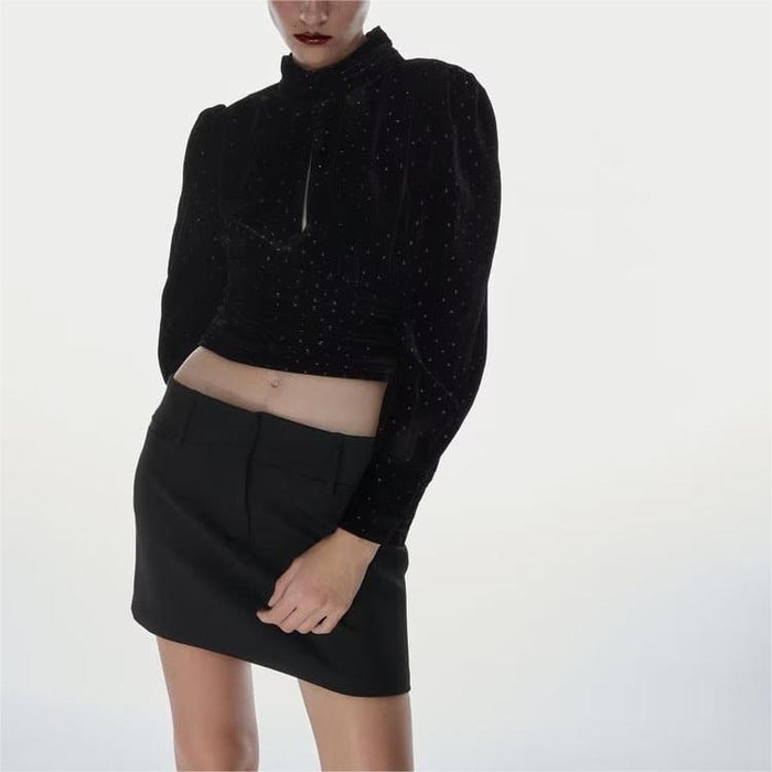 Autumn Winter Long Sleeve Black Bright Velvet Top Shirt