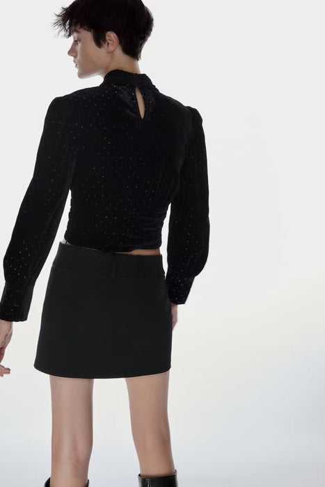 Autumn Winter Long Sleeve Black Bright Velvet Top Shirt