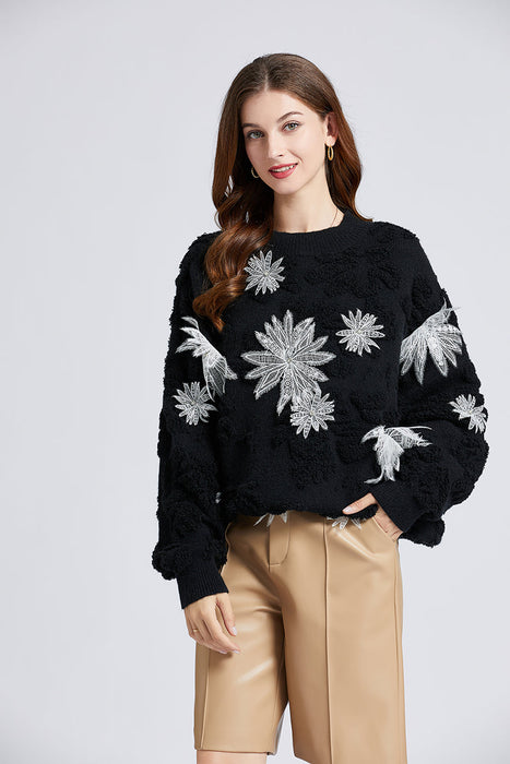 Women New Fall Winter Age Reduction Foreign Style Fried Street Snowflake Embroidery Beads Lazy Wind Sweater Snowflake Velvet Sweater