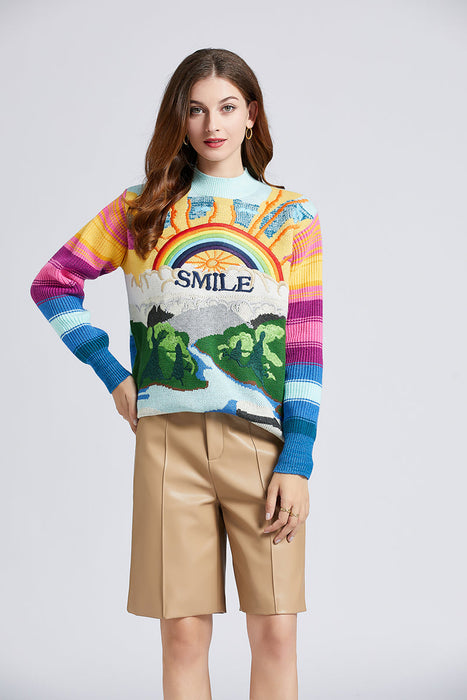 Women New Autumn And Winter Heavy Embroidery Rainbow Color Matching Rabbit Velvet Sweater Loose Thick Jacquard Top