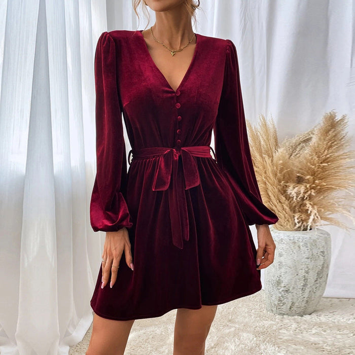 Women Clothing Autumn Winter V neck Tight Waist A  line Dress Long Sleeve Velvet Sexy Cocktail Dress