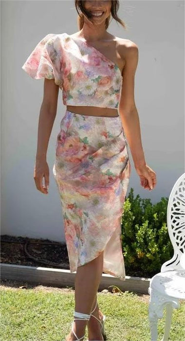 Women Casual Printed Shoulder Top High Waist Skirt Set