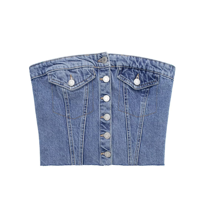 Autumn Washed Denim Corset Tube Top Sweet Sleeveless Top Women