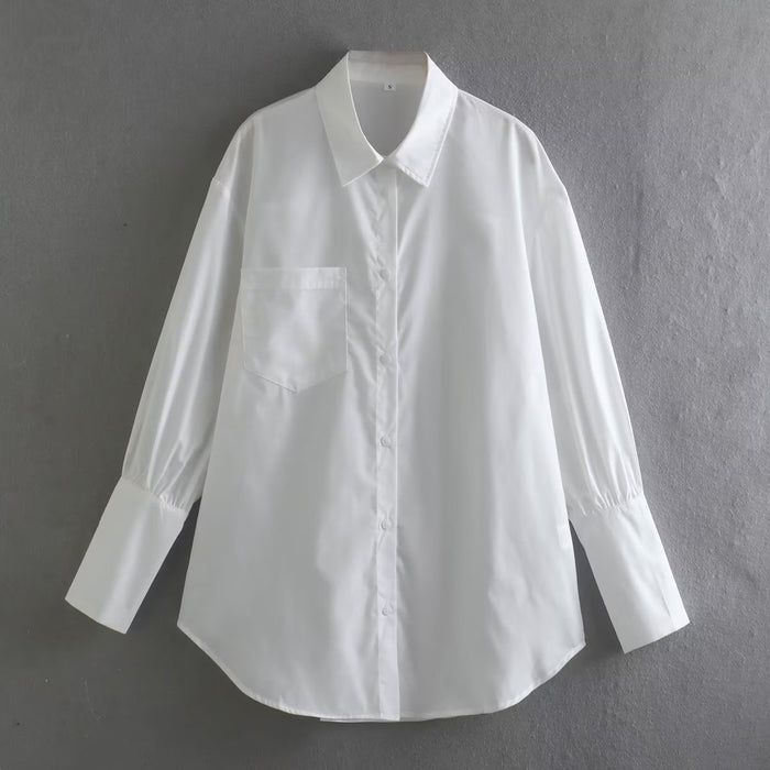 Summer White Polo Collar Solid Color Single Pocket Long Sleeve Shirt Women