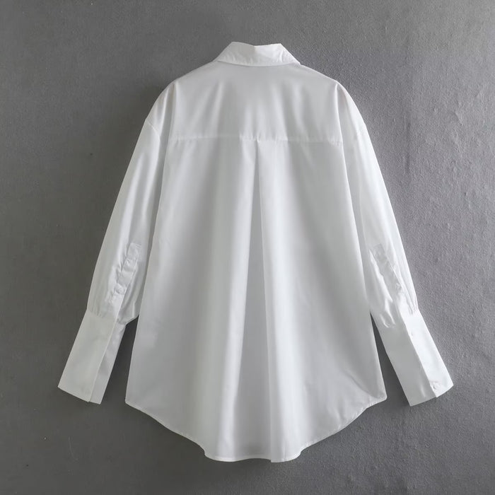 Summer White Polo Collar Solid Color Single Pocket Long Sleeve Shirt Women