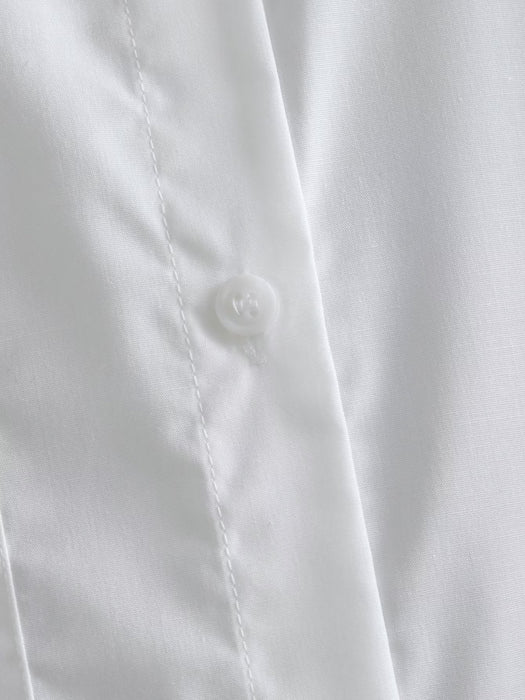 Summer White Polo Collar Solid Color Single Pocket Long Sleeve Shirt Women