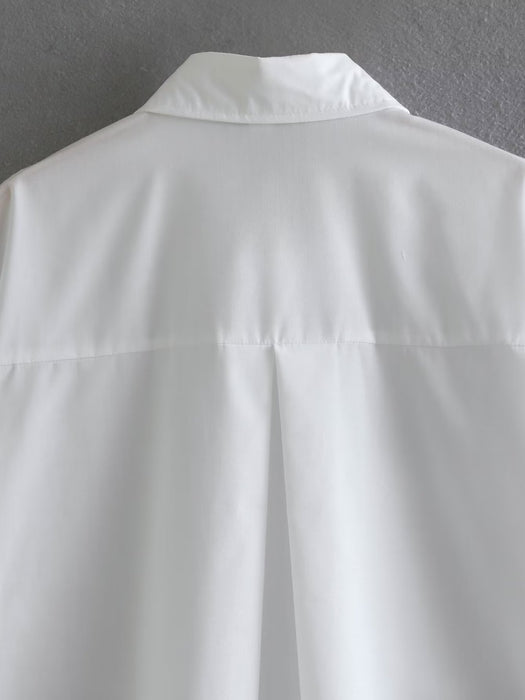 Summer White Polo Collar Solid Color Single Pocket Long Sleeve Shirt Women