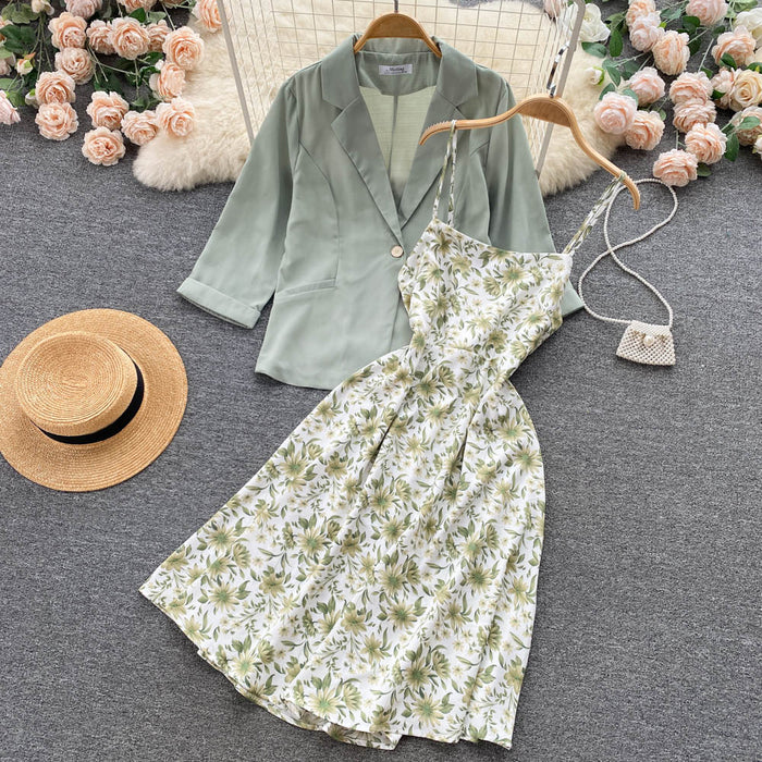 Autumn New A line High waist Floral Slimming Dress Two piece Set