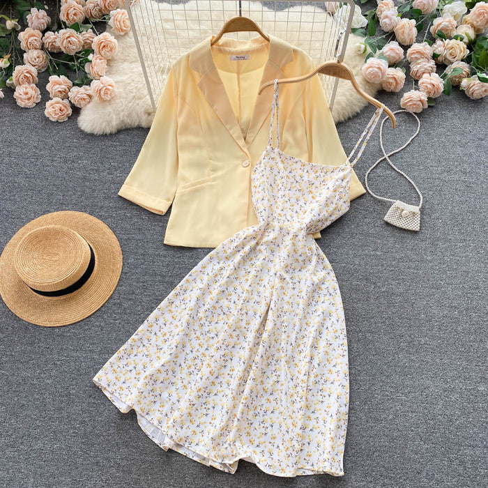 Autumn New A line High waist Floral Slimming Dress Two piece Set