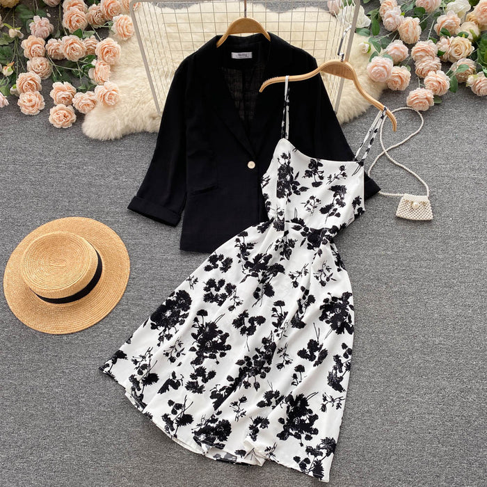 Autumn New A line High waist Floral Slimming Dress Two piece Set