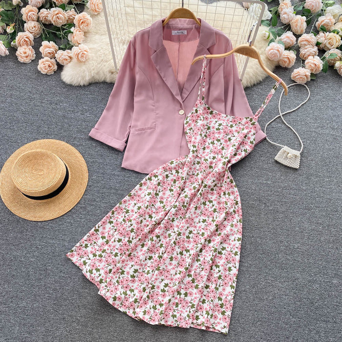 Autumn New A line High waist Floral Slimming Dress Two piece Set