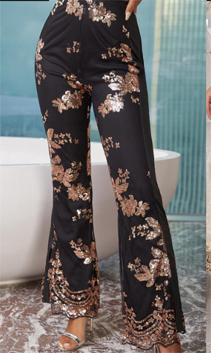 Private Clothing Socialite Sequin Embroidered Slim Fit Slit Flared Pants Women