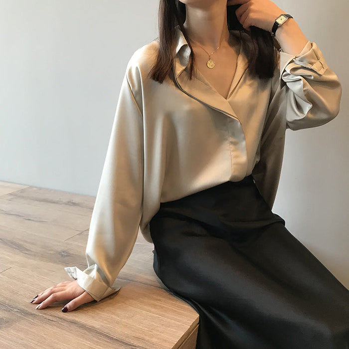 Spring Elegant Satin Shirt Women Long Sleeved Shirt Loose Solid Color Shirt