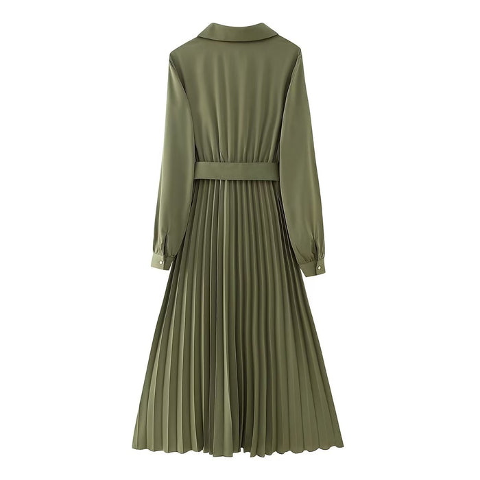 Women Clothing Winter V neck Belt Pleated Dress