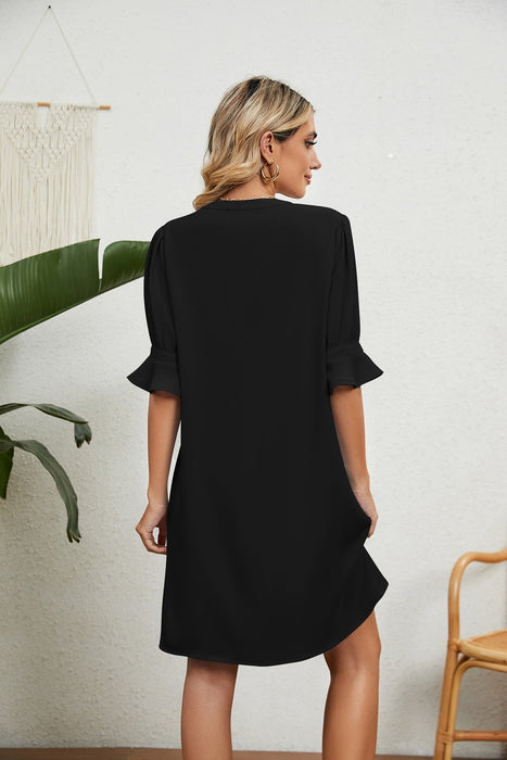 Summer Solid Color V neck Loose Pleated Half Length Sleeve Dress Women