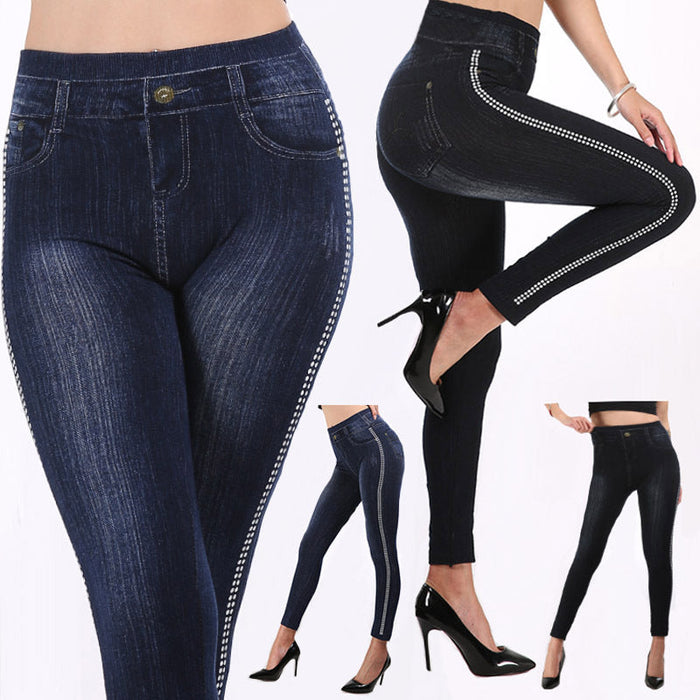 Autumn Women Imitation Denim Leggings Cotton Side Dot High Waist Ankle-Length Pants